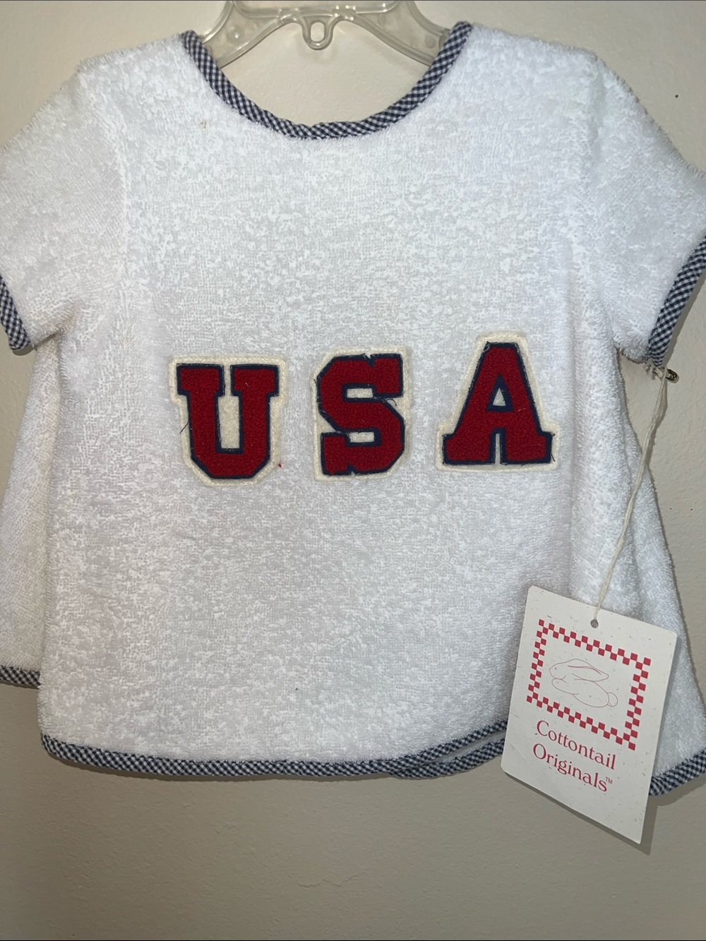 Vintage Kids Cottontail Originals White Terry Baby Jacket with Navy Trim & Flag